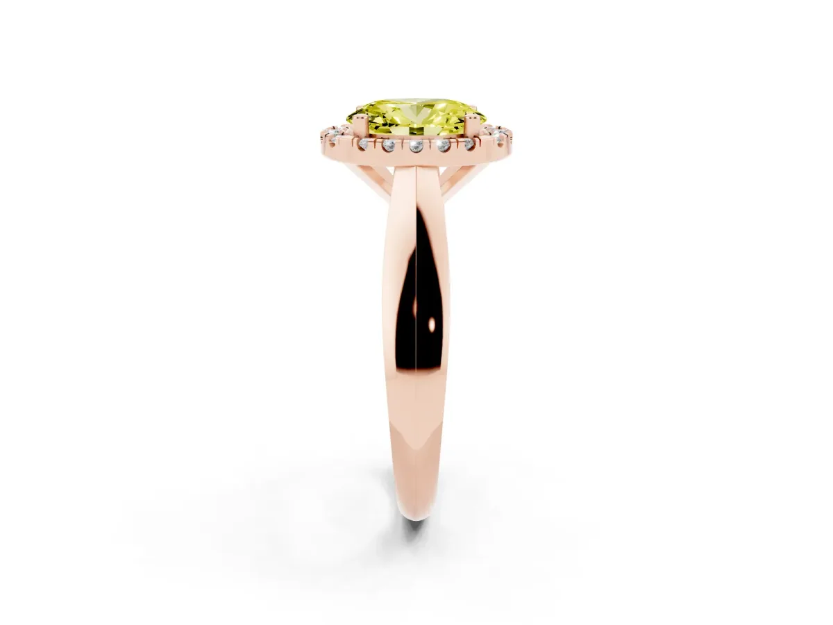 Fancy Yellow Oval Cut Cut Halo Solitaire Engagement Ring with Square Band and Four-Prong Setting Rose gold