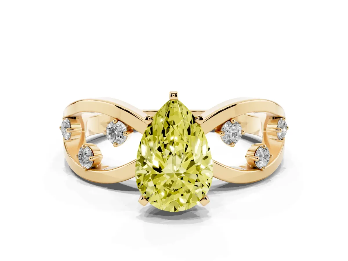 Fancy Yellow Pear Cut Cut Solitaire Diamond with Side Stones on Criss-Cross Band and Four-Prong Setting Yellow gold