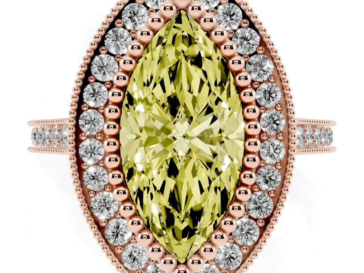 Fancy Yellow Marquise Cut Diamond Halo Ring with Milgrain Frame and Pavé Band Rose gold