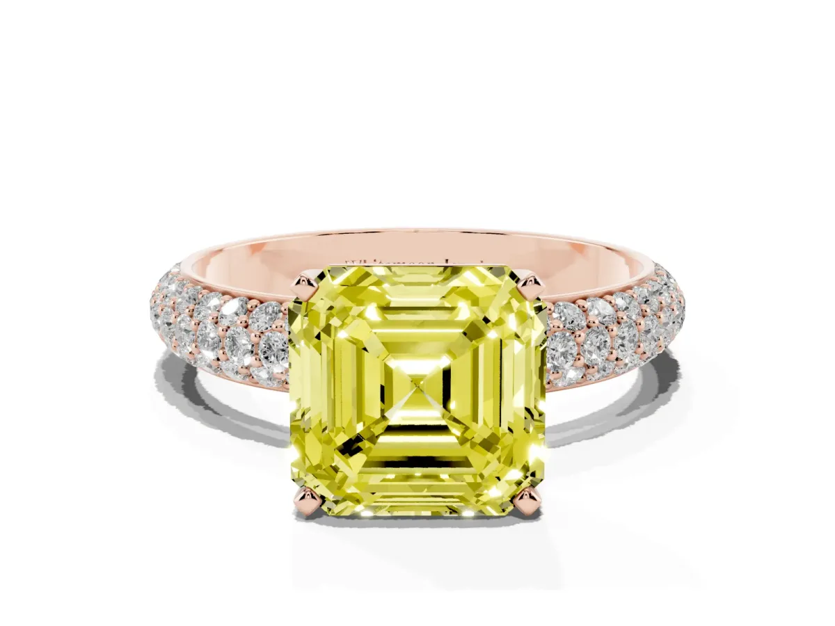 Fancy Yellow Asscher Cut Diamond Solitaire Ring with Prong Setting and Pavé Band Rose gold