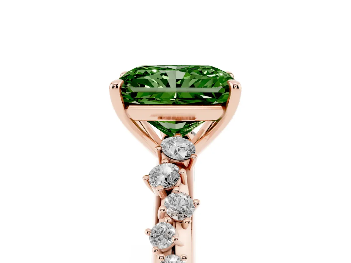 Fancy Green Radiant Cut Diamond Cluster Side Stone Solitaire Ring with Prong Setting Rose gold