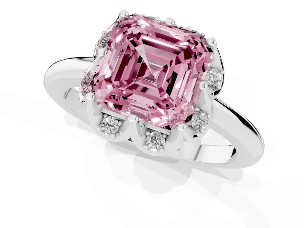 Fancy Pink Asscher Cut Halo Diamond Ring with Round Cluster Setting, Solitaire Band, and Four-Prong Setting Silver
