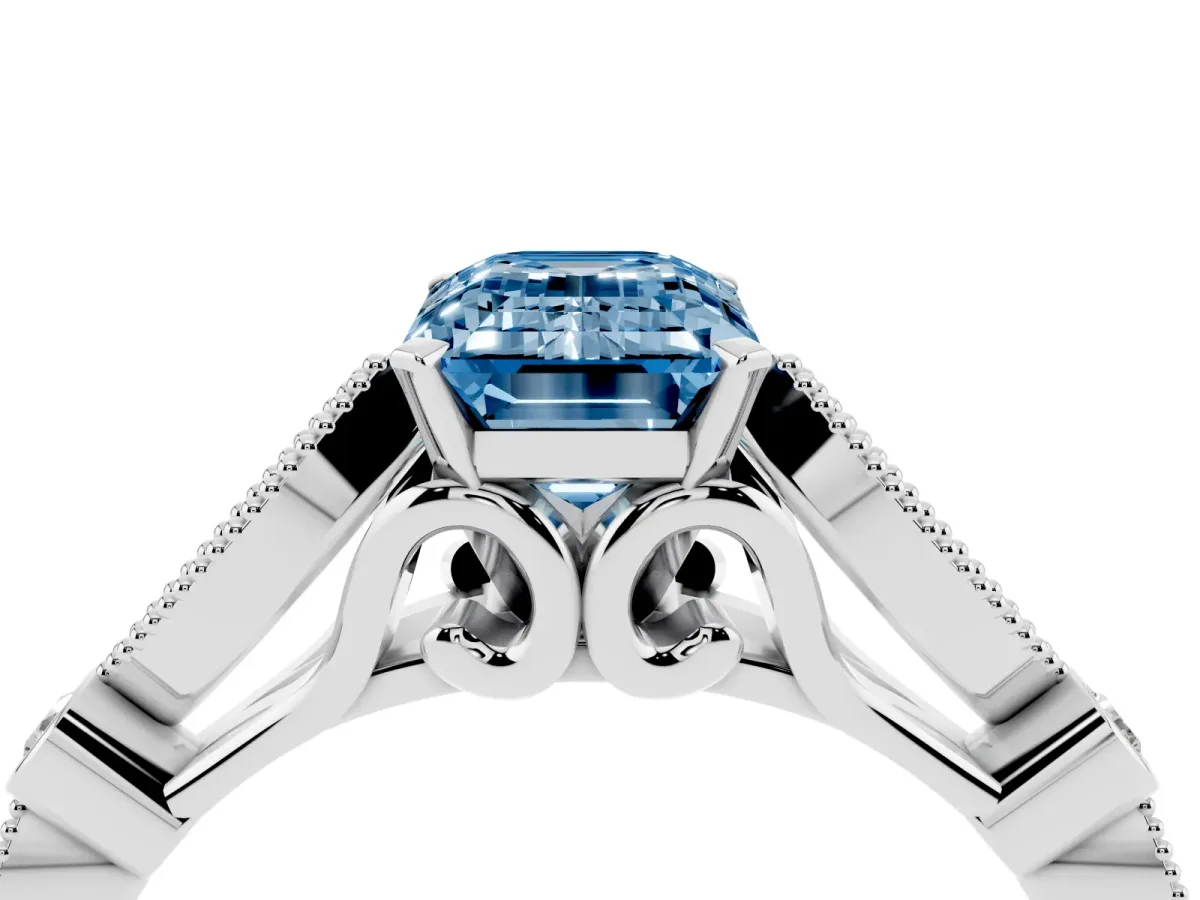 Fancy Blue Emerald Cut Cut Diamond with Milgrain Marquise and Bezel Accents on a Solitaire Band with Prong Setting Silver