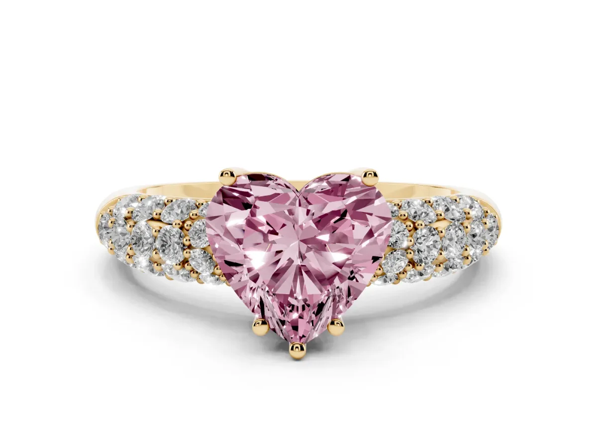 Fancy Pink Heart Cut Diamond Pavé Band Solitaire Ring with Four-Prong Setting Yellow gold