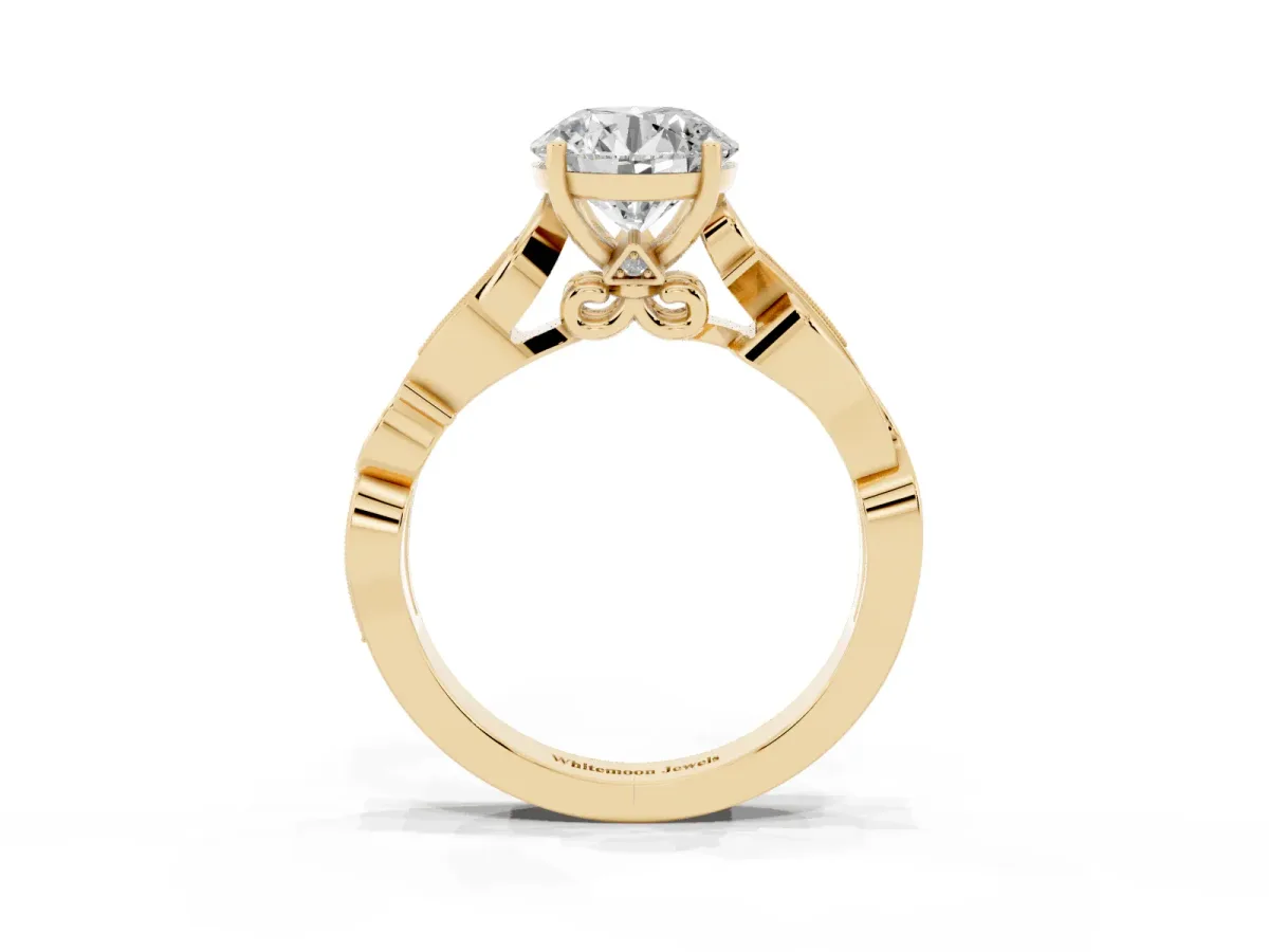 Round Cut Solitaire Vine Band with Milgrain Prong Setting Yellow gold