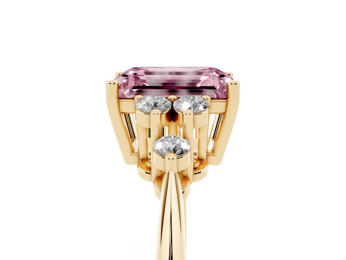 Fancy Pink Emerald Cut Cut Diamond Cluster Ring with Solitaire Band and Four-Prong Setting Yellow gold