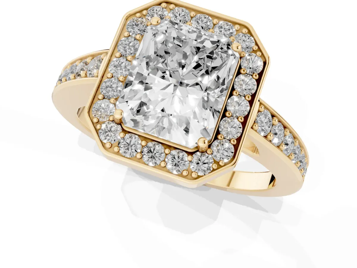 Radiant Cut Halo Pavé Diamond Engagement Ring with Bezel Setting Yellow gold
