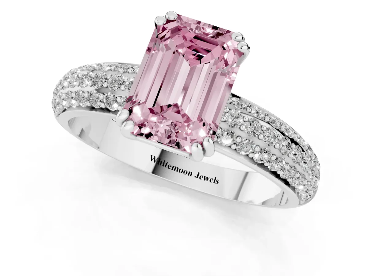 Fancy Pink Emerald Cut Diamond Solitaire Ring with Multi-Row Round Pavé Band and Prong Setting Silver