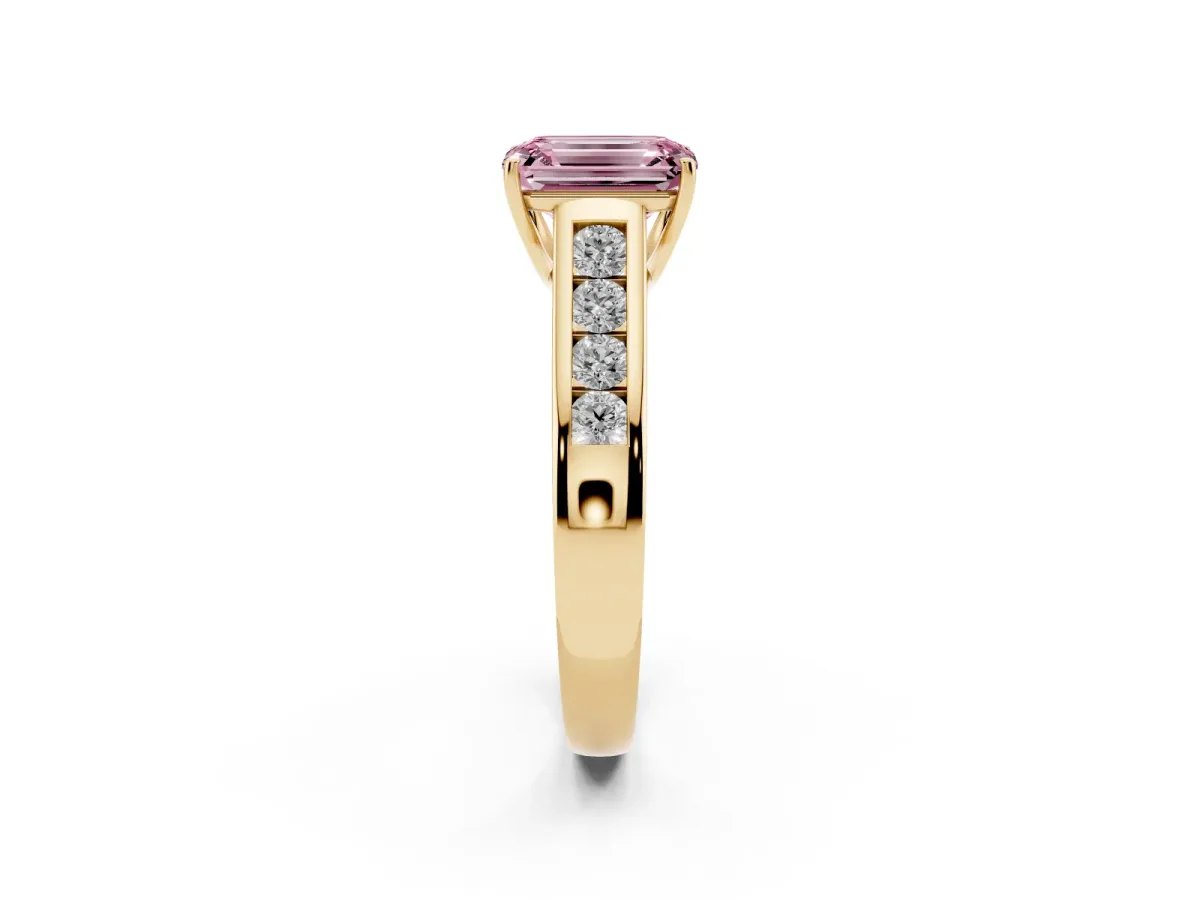 Fancy Pink Emerald Cut Brilliant Channel-Set Solitaire Ring with Four-Prong Setting Yellow gold