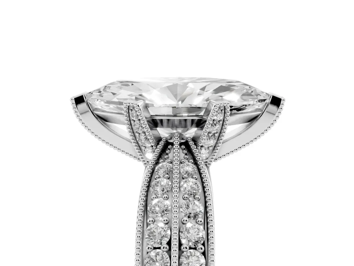 Marquise Cut Diamond Solitaire Ring with Milgrain Round Pavé Band and Prong Setting Silver