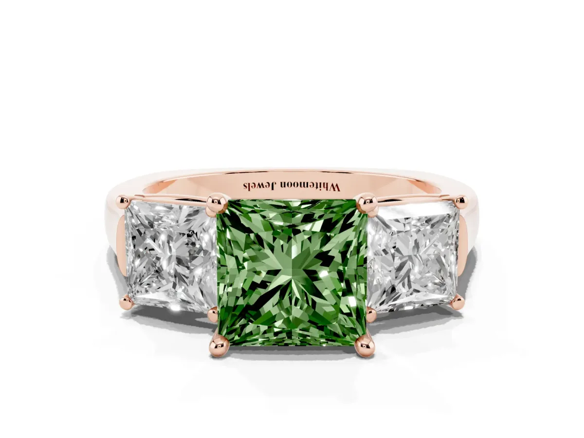 Fancy Green Three-Stone Princess Cut Brilliant Diamond Trellis Ring with Comfort Fit Band Rose gold