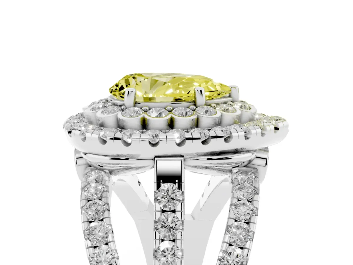 Fancy Yellow Pear Cut Diamond Double Halo Ring with Round Pavé Split Shank and Prong Setting Silver