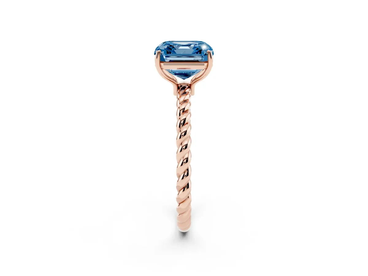 Fancy Blue Asscher Cut Solitaire Twist Band Ring with Four-Prong Setting Rose gold