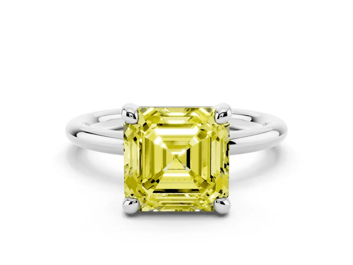 Fancy Yellow Asscher Cut Solitaire Diamond Ring with Four-Prong Setting on a Plain Band Platinum