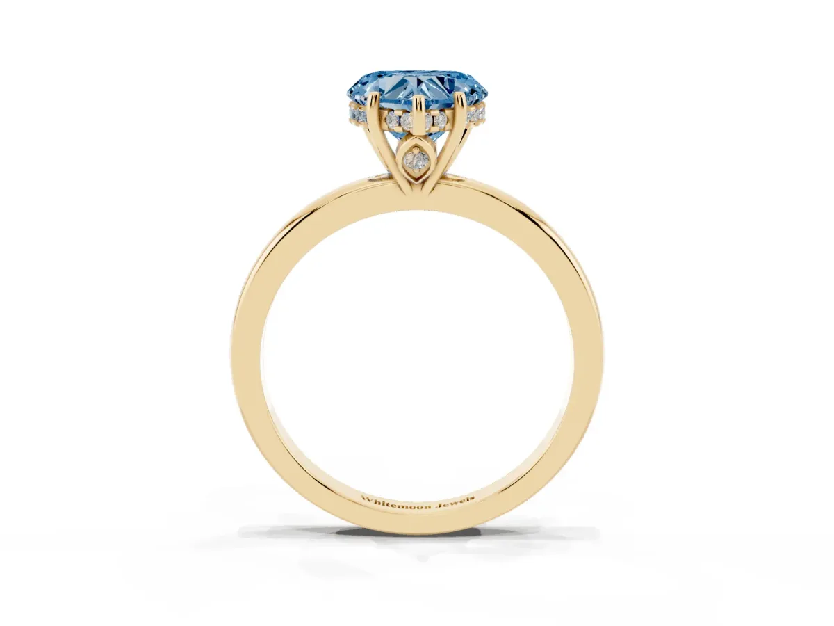 Fancy Blue Heart Cut Solitaire Diamond Ring with Prong Setting and Plain Band Yellow gold