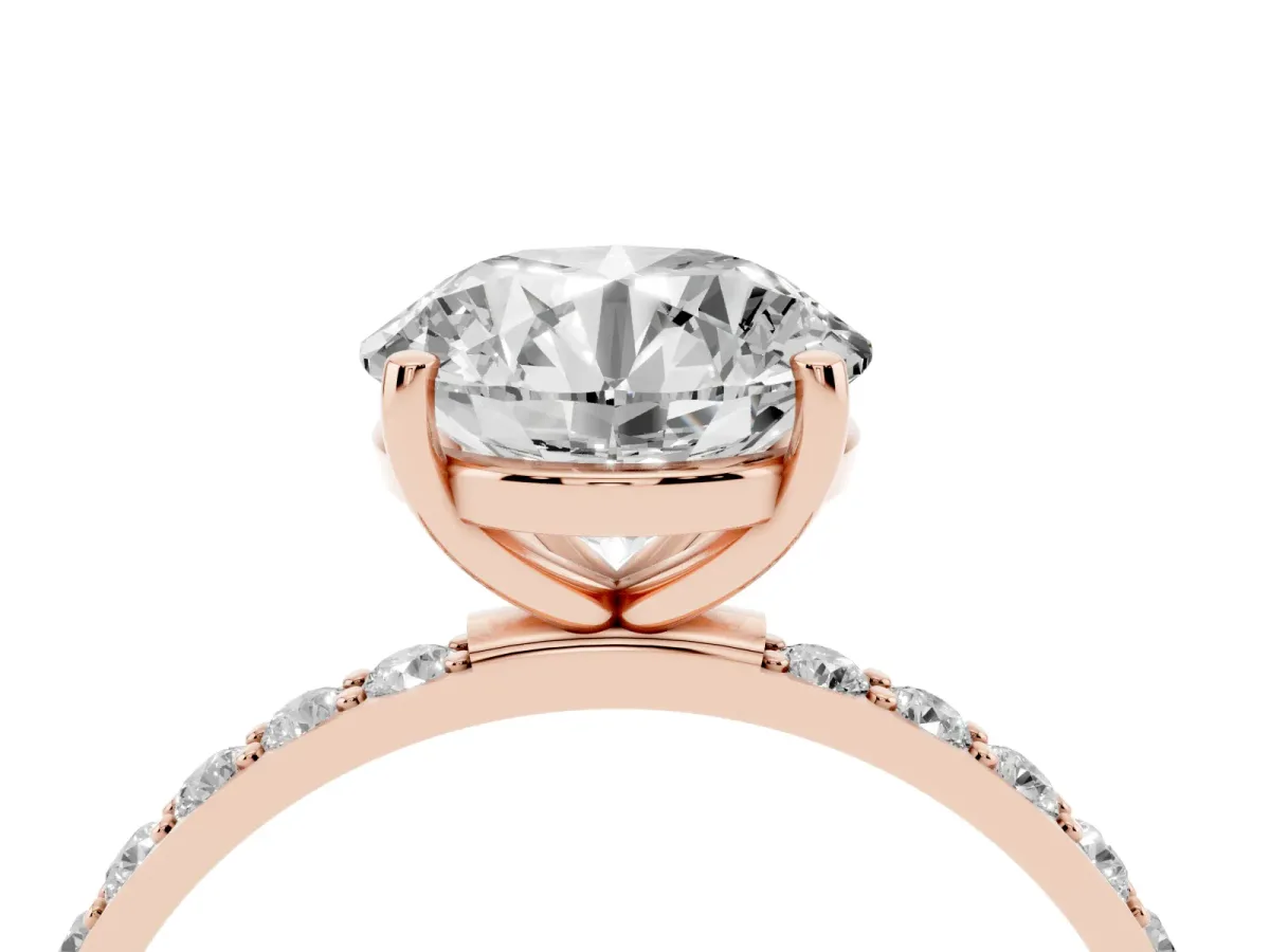 Round Cut Diamond Solitaire Ring with Round Pavé Shoulders and Prong Setting Rose gold
