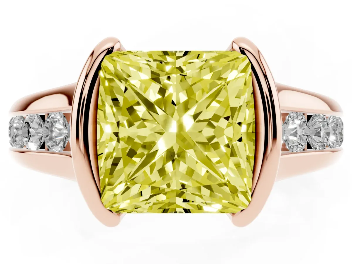 Fancy Yellow Princess Cut Solitaire Bezel-Set Diamond Ring with Channel-Set Band Rose gold