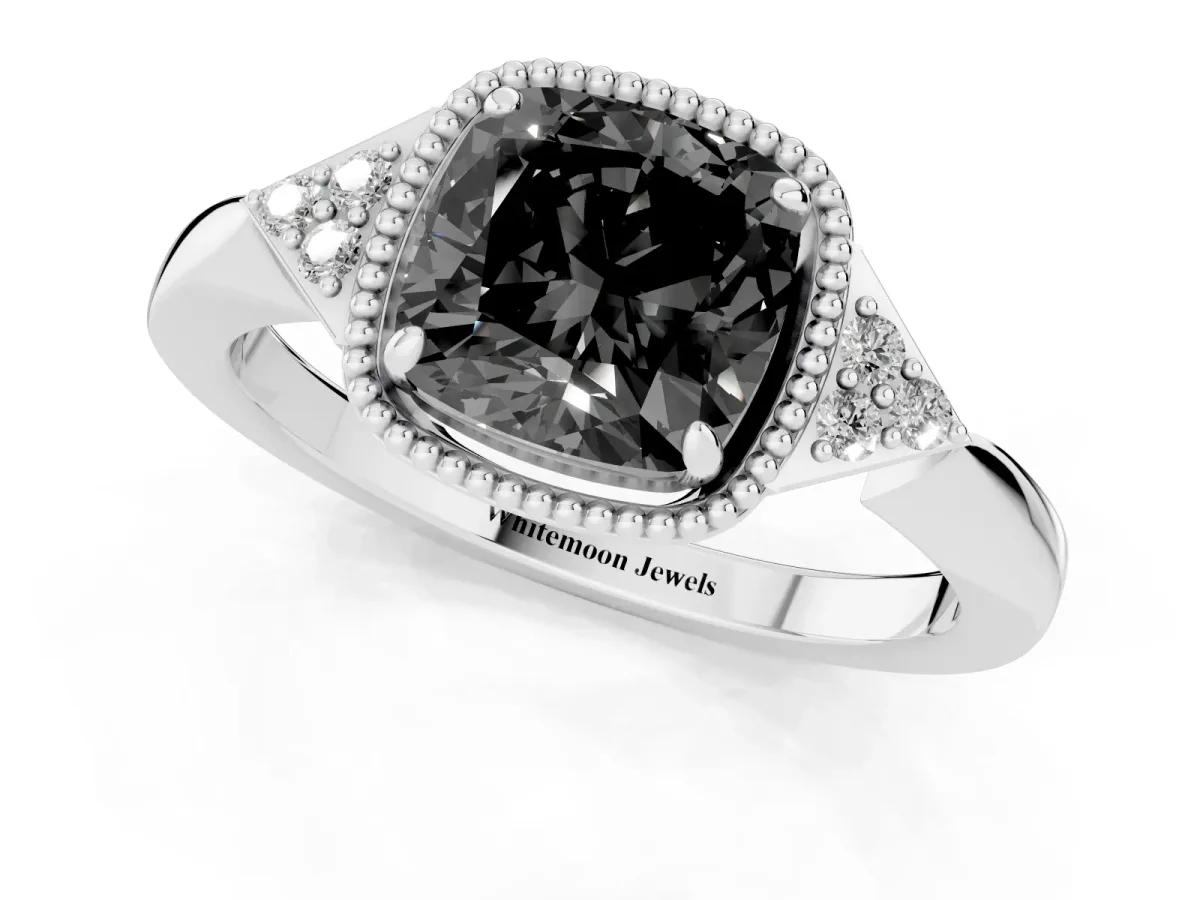 Fancy Black Hexagonal Halo Cushion Cut Diamond Solitaire with Pavé Band and Four-Prong Setting Silver