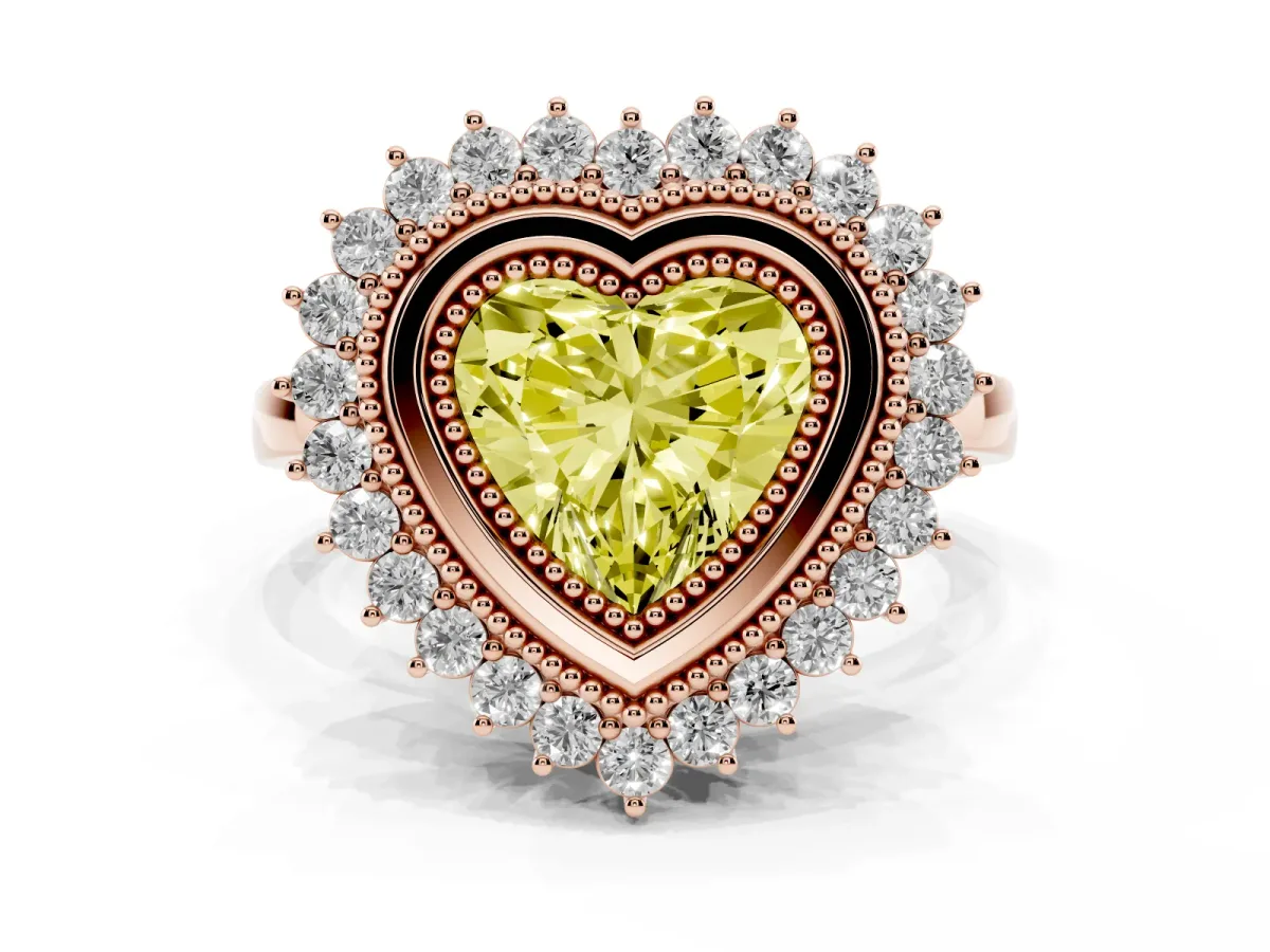 Fancy Yellow Heart Cut Halo Diamond Ring with Milgrain Edge and Round Prong Setting Rose gold