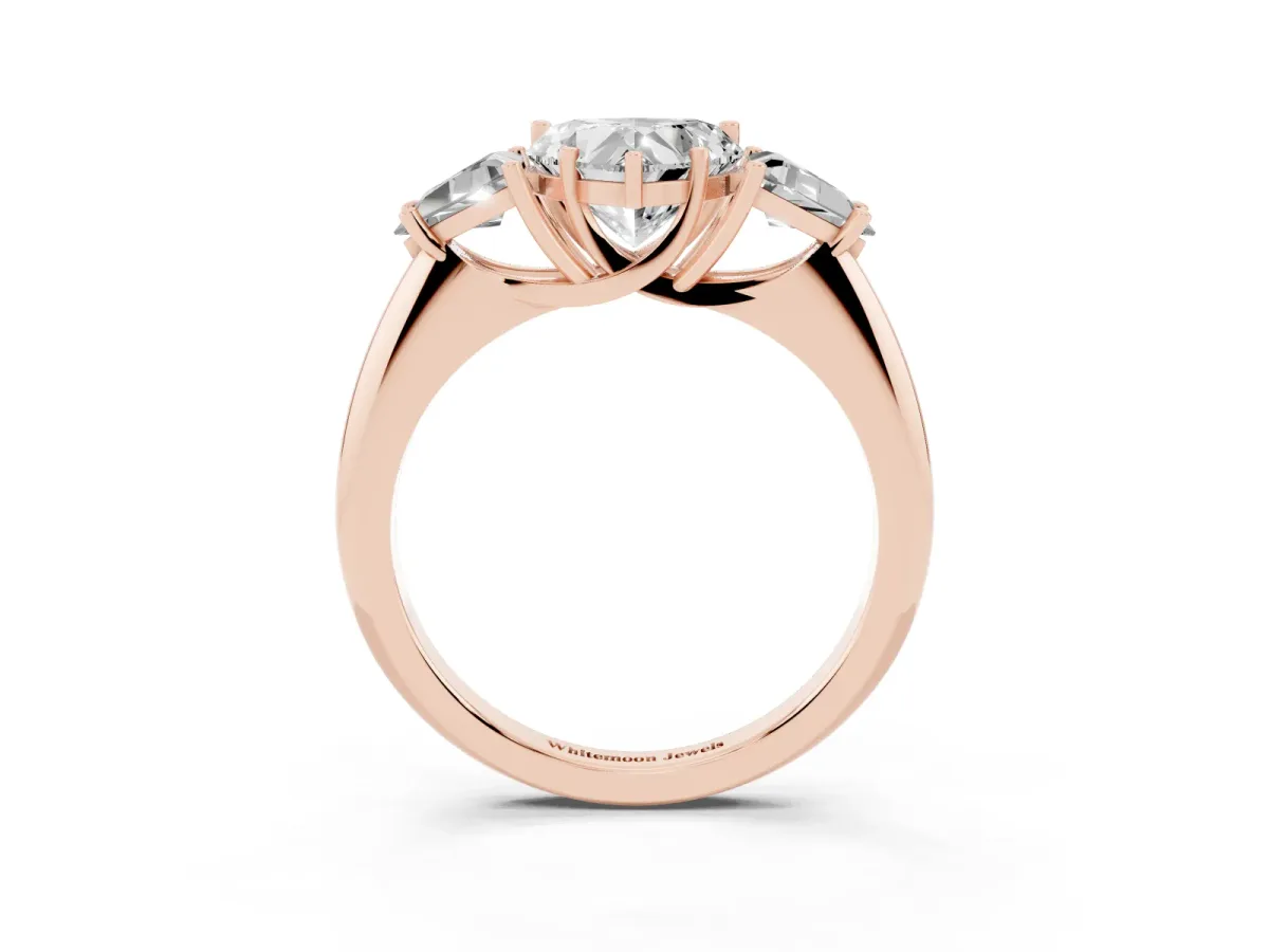 Three-Stone Heart Cut Diamond Engagement Ring with Trillion Side Stones and Prong Setting Rose gold