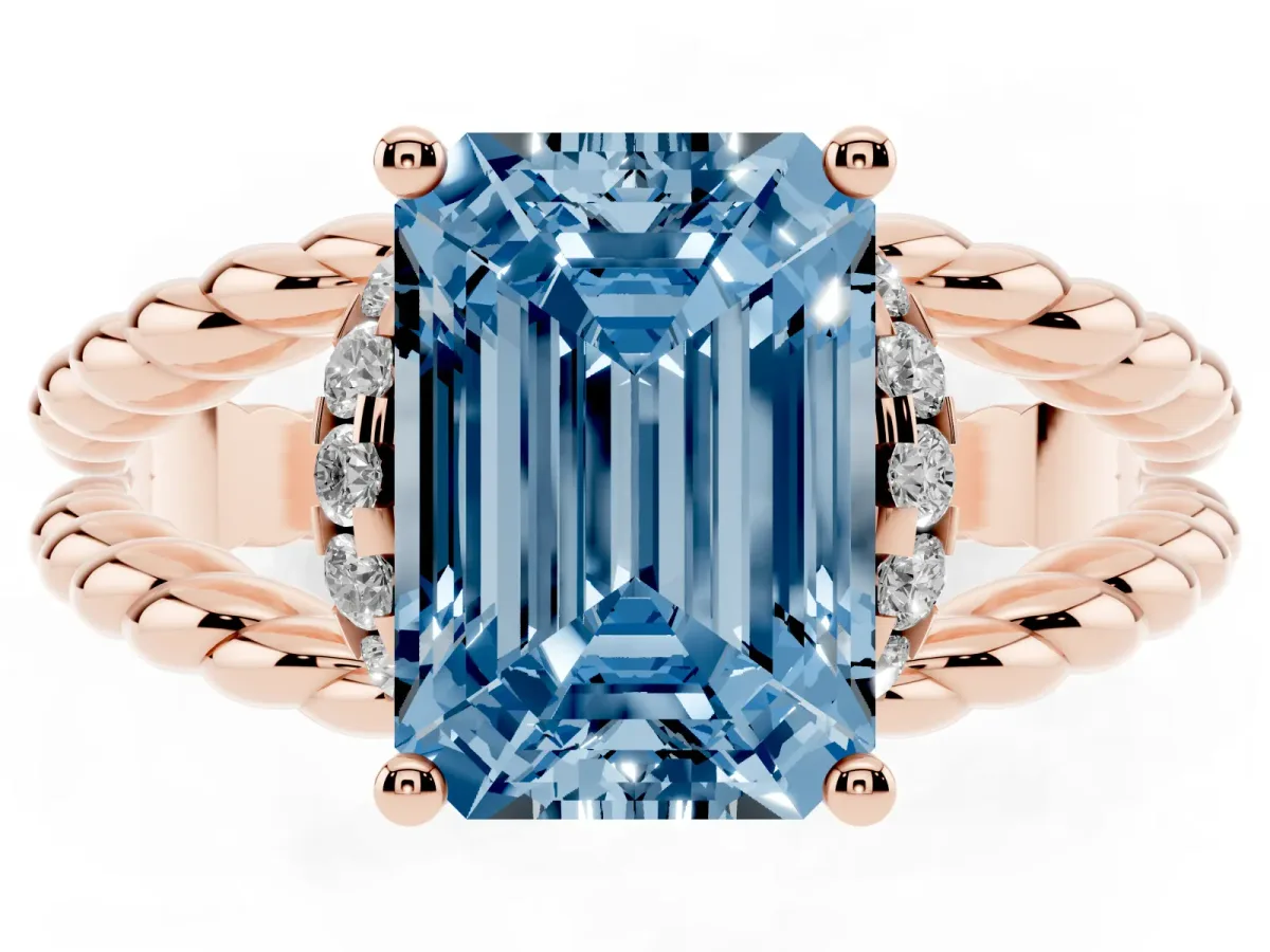 Fancy Blue Emerald Cut Halo Twisted Band Four-Prong Ring Rose gold