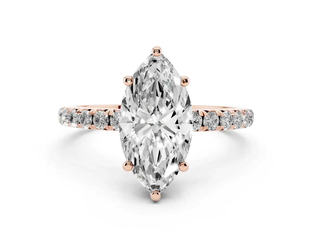 Marquise Cut Cut Diamond Solitaire Ring with Micro Pave Band and Four Prong Setting Rose gold