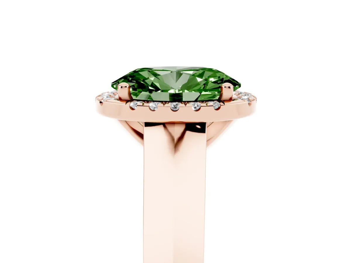 Fancy Green Oval Cut Halo Diamond Ring with Cathedral Band and Four-Prong Setting Rose gold