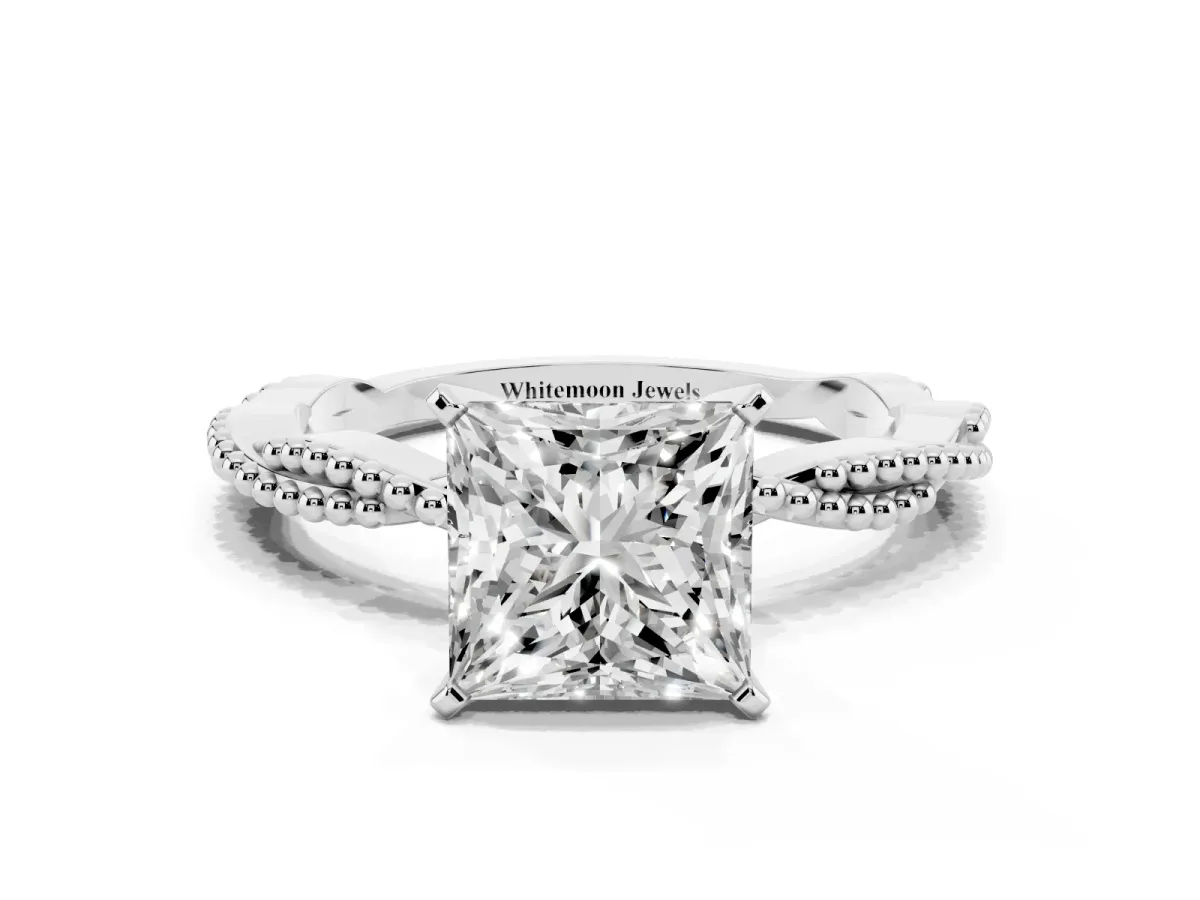 Princess Cut Solitaire Twisted Band with Bead Prong Setting Platinum
