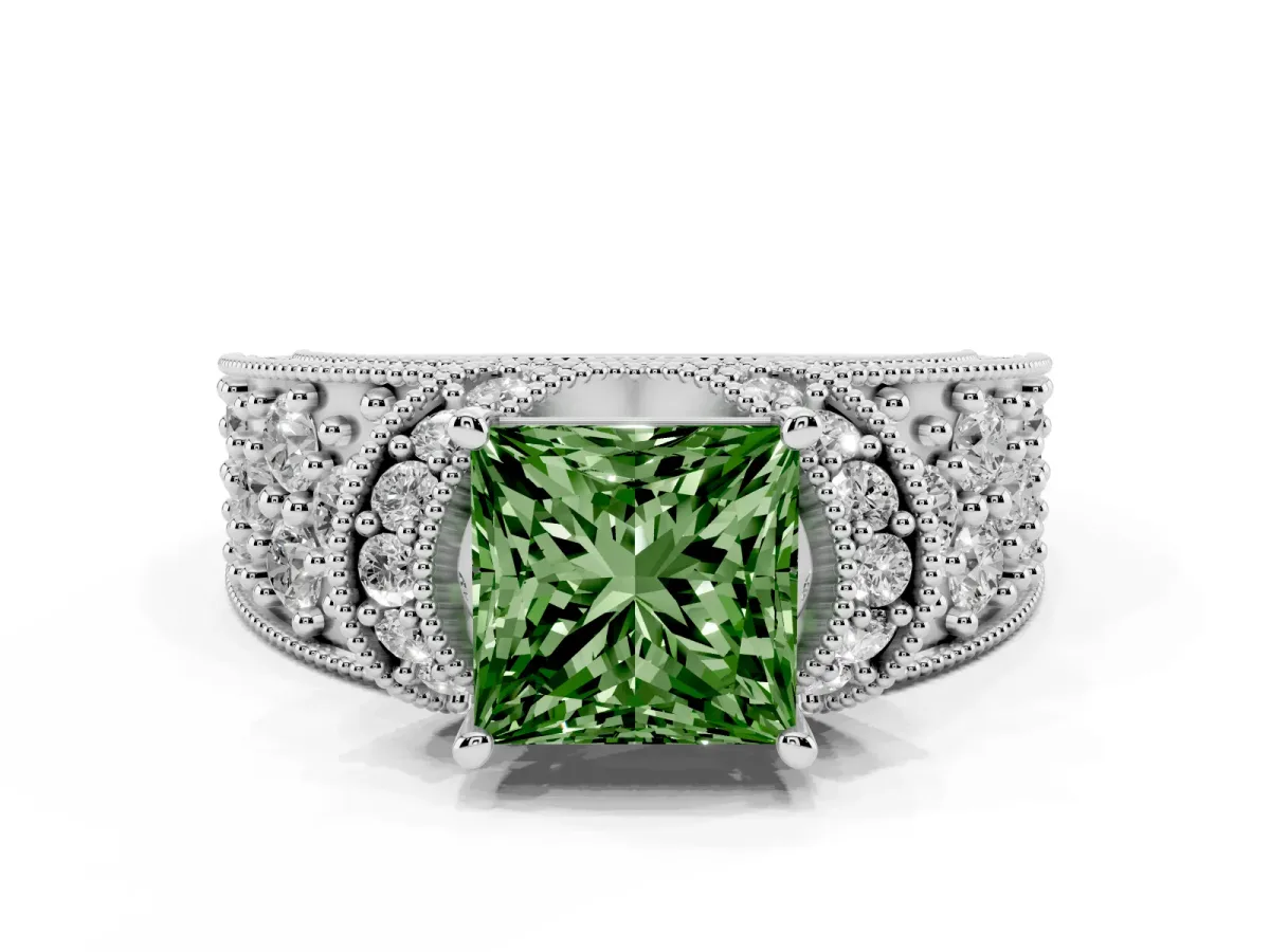 Fancy Green Princess Cut Halo Pave Diamond Engagement Ring with Milgrain Detailing White gold