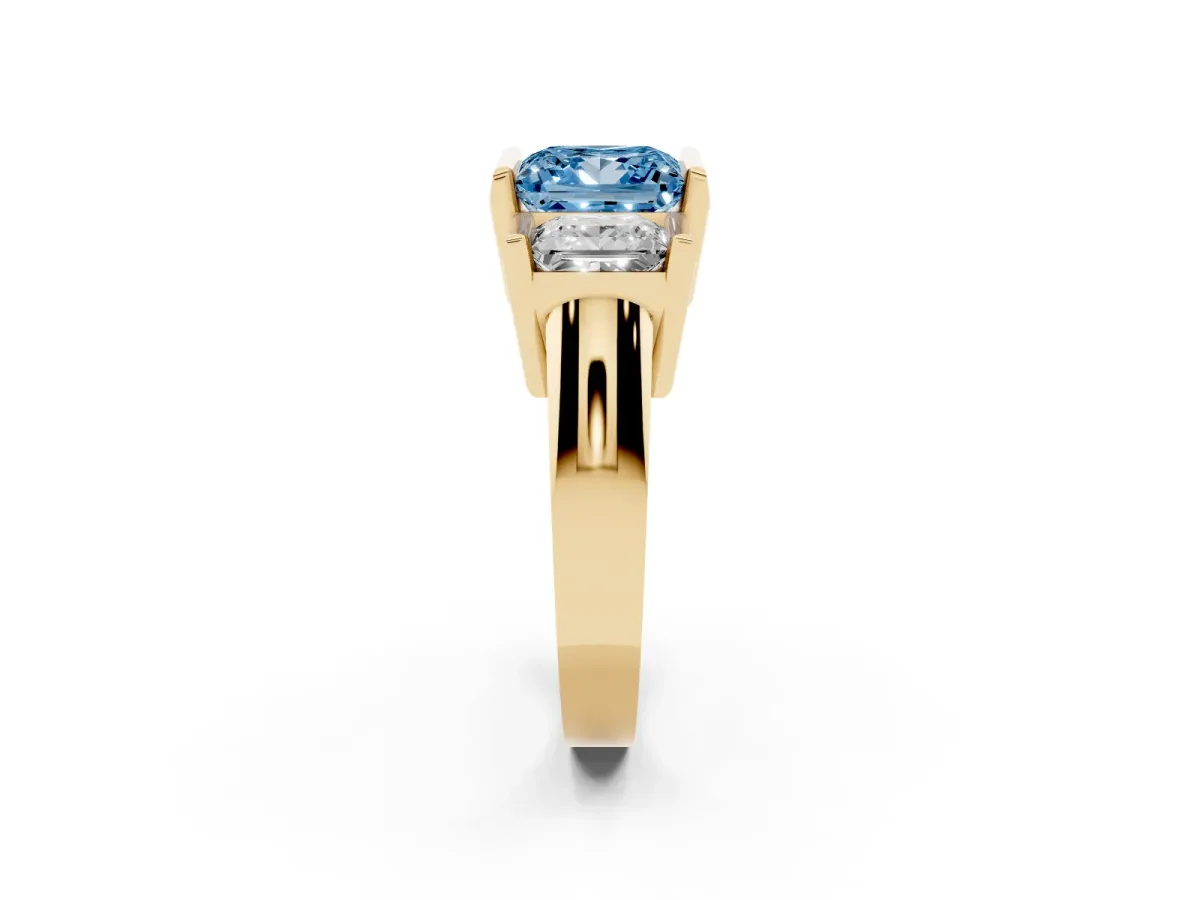 Fancy Blue Three Stone Princess Cut Cut Channel Set Diamond Ring Yellow gold