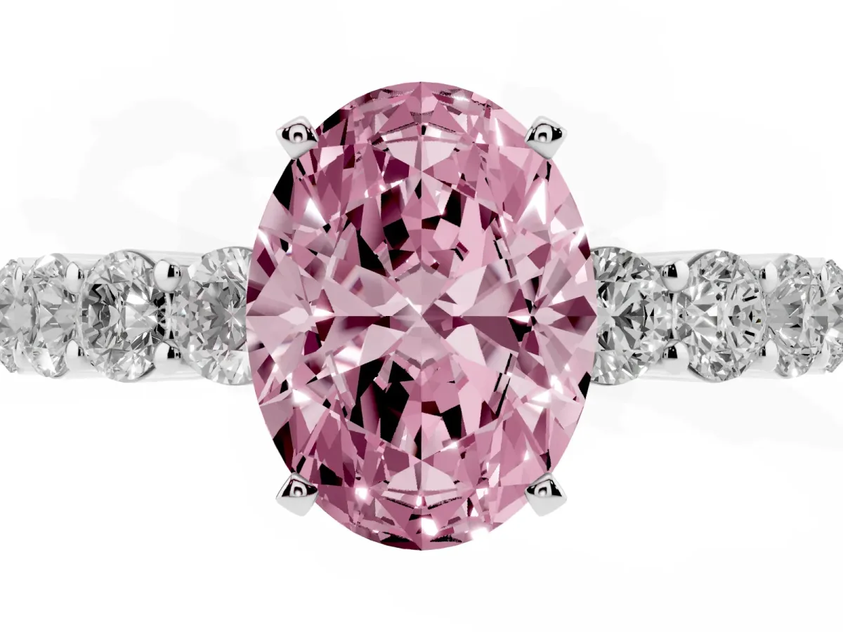 Fancy Pink Oval Cut Diamond Solitaire Ring with Shared Prong Round Side Stones Silver