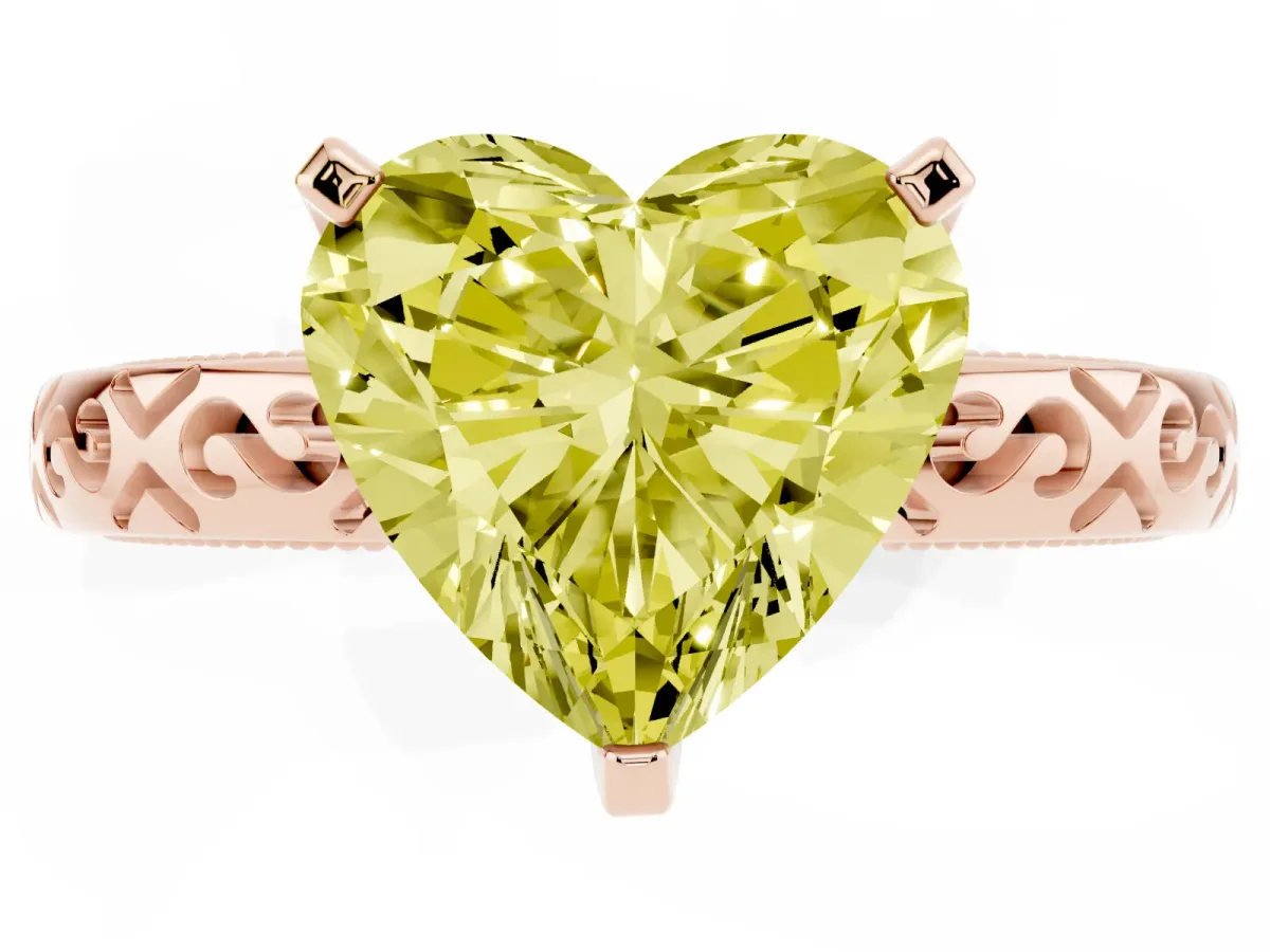 Fancy Yellow Heart Cut Solitaire Engagement Ring with Scrollwork Band and Four-Prong Setting Rose gold