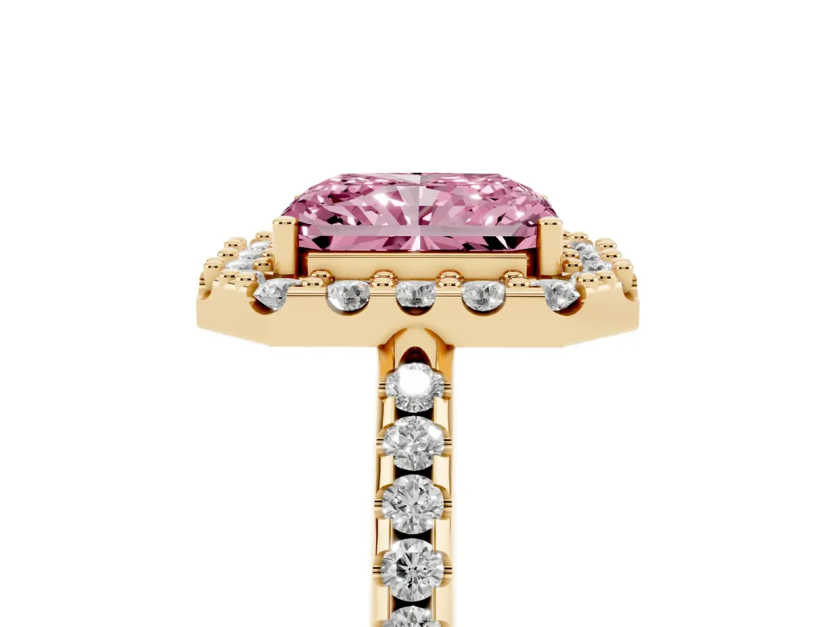 Fancy Pink Radiant Cut Diamond Pavé Halo Ring with Four-Prong Setting Yellow gold
