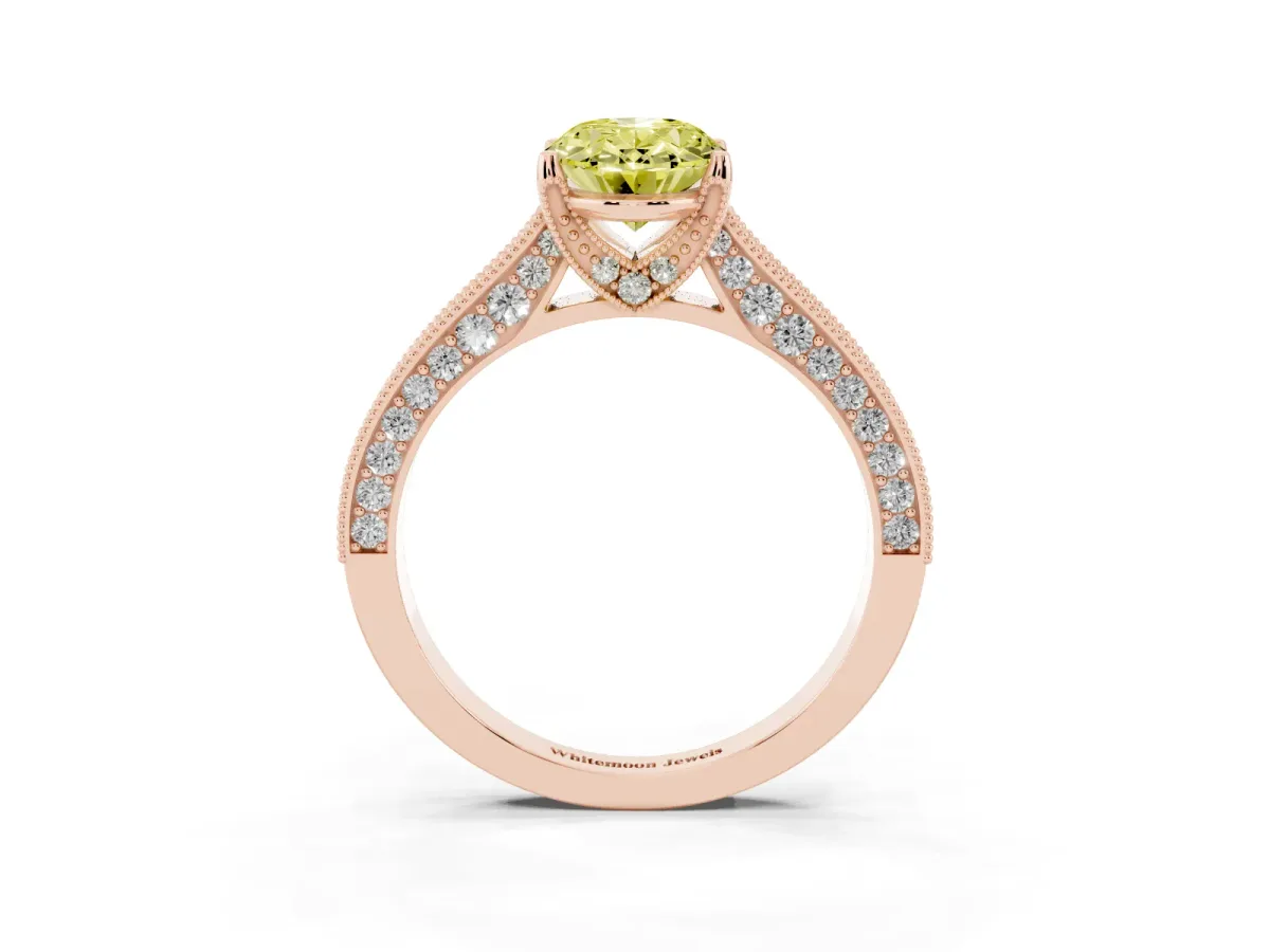 Fancy Yellow Oval Cut Cut Diamond Solitaire Ring with Milgrain Pave Band and Four Prong Setting Rose gold