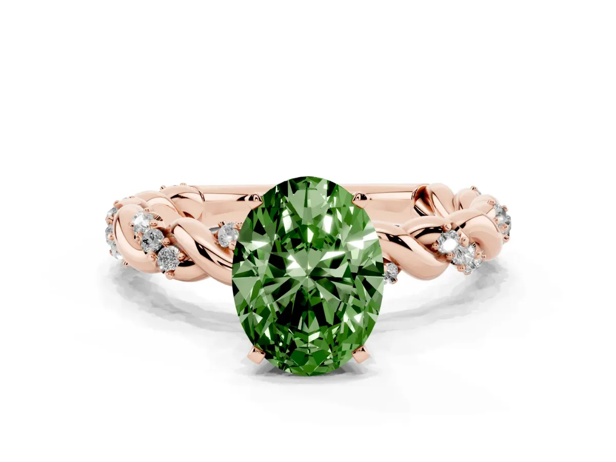 Fancy Green Oval Cut Diamond Solitaire Ring with Twisted Band and Pavé Accents Rose gold