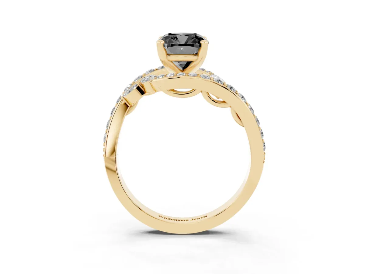 Fancy Black Cushion Cut Diamond Solitaire Ring with Filigree Band and Four-Prong Setting Yellow gold