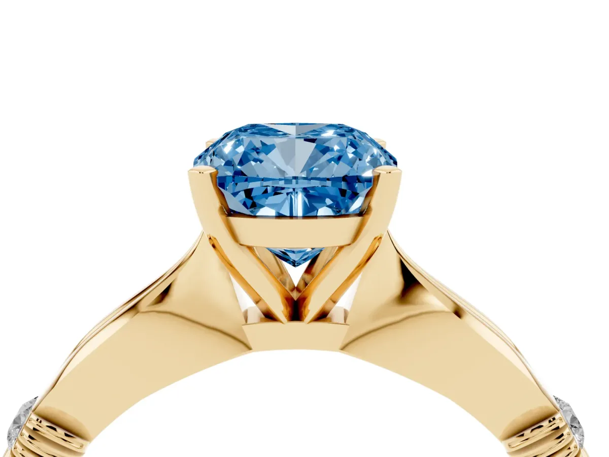 Fancy Blue Cushion Cut Solitaire Diamond Twisted Band with Four-Prong Setting Yellow gold