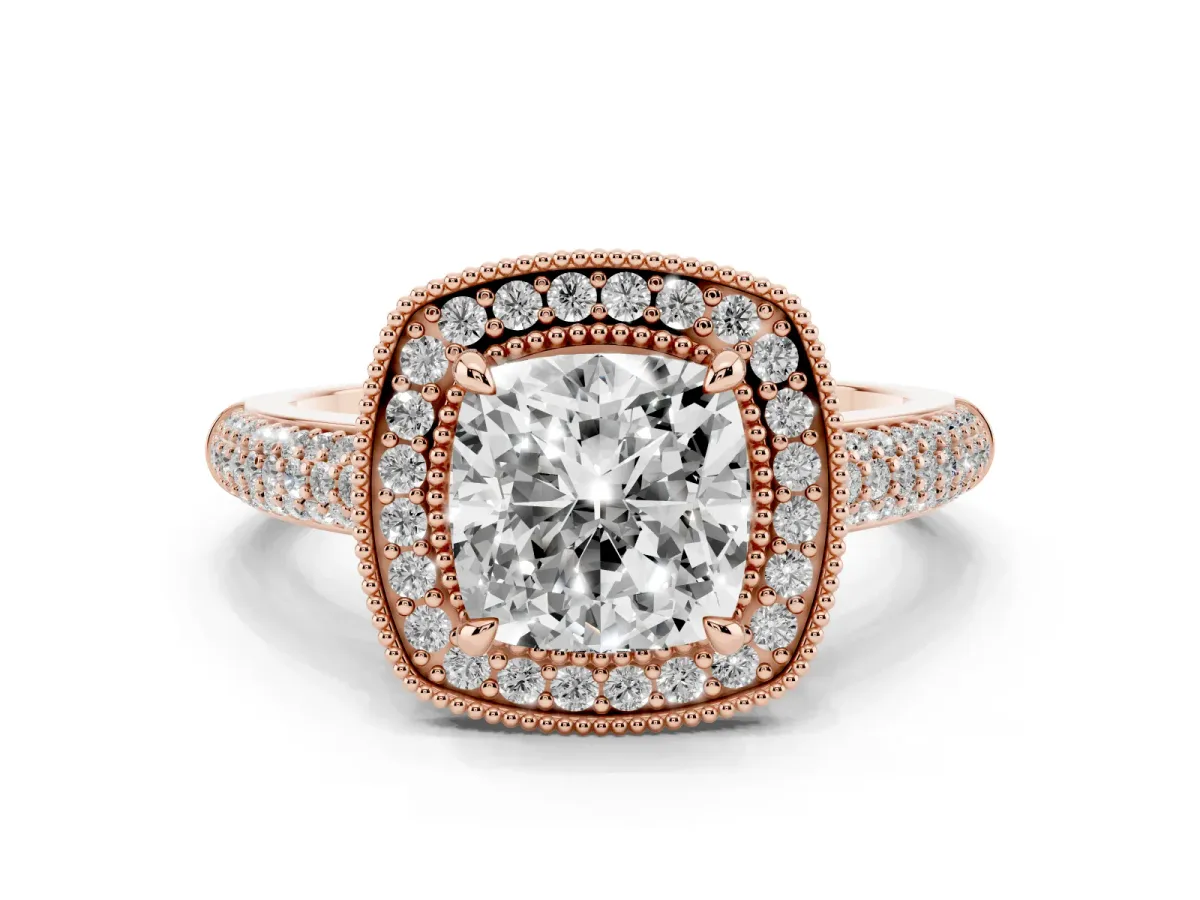 Cushion Cut Cut Halo Diamond Pave Band with Four-Prong Setting Rose gold