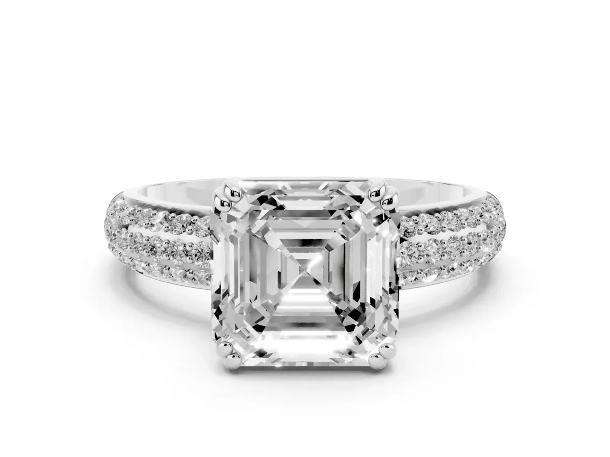 Asscher Cut Diamond Solitaire Ring with Multi-Row Round Pavé Band and Prong Setting Silver