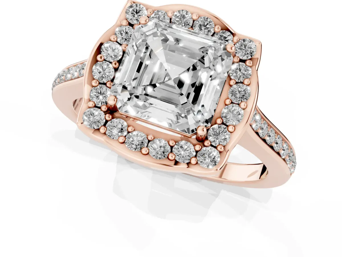 Asscher Cut Halo Round Diamond Pave Band with Four-Prong Setting Rose gold