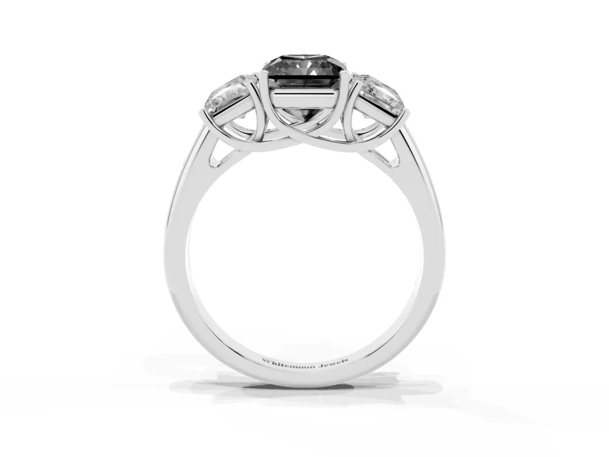 Fancy Black Three-Stone Radiant Cut Diamond Engagement Ring with Prong Setting Silver