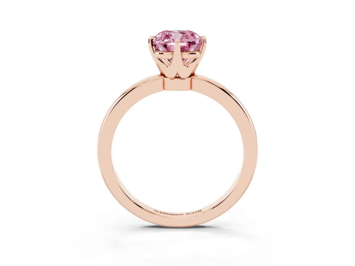Fancy Pink Cushion Cut Solitaire Diamond Ring with Six-Prong Setting on a Classic Band Rose gold