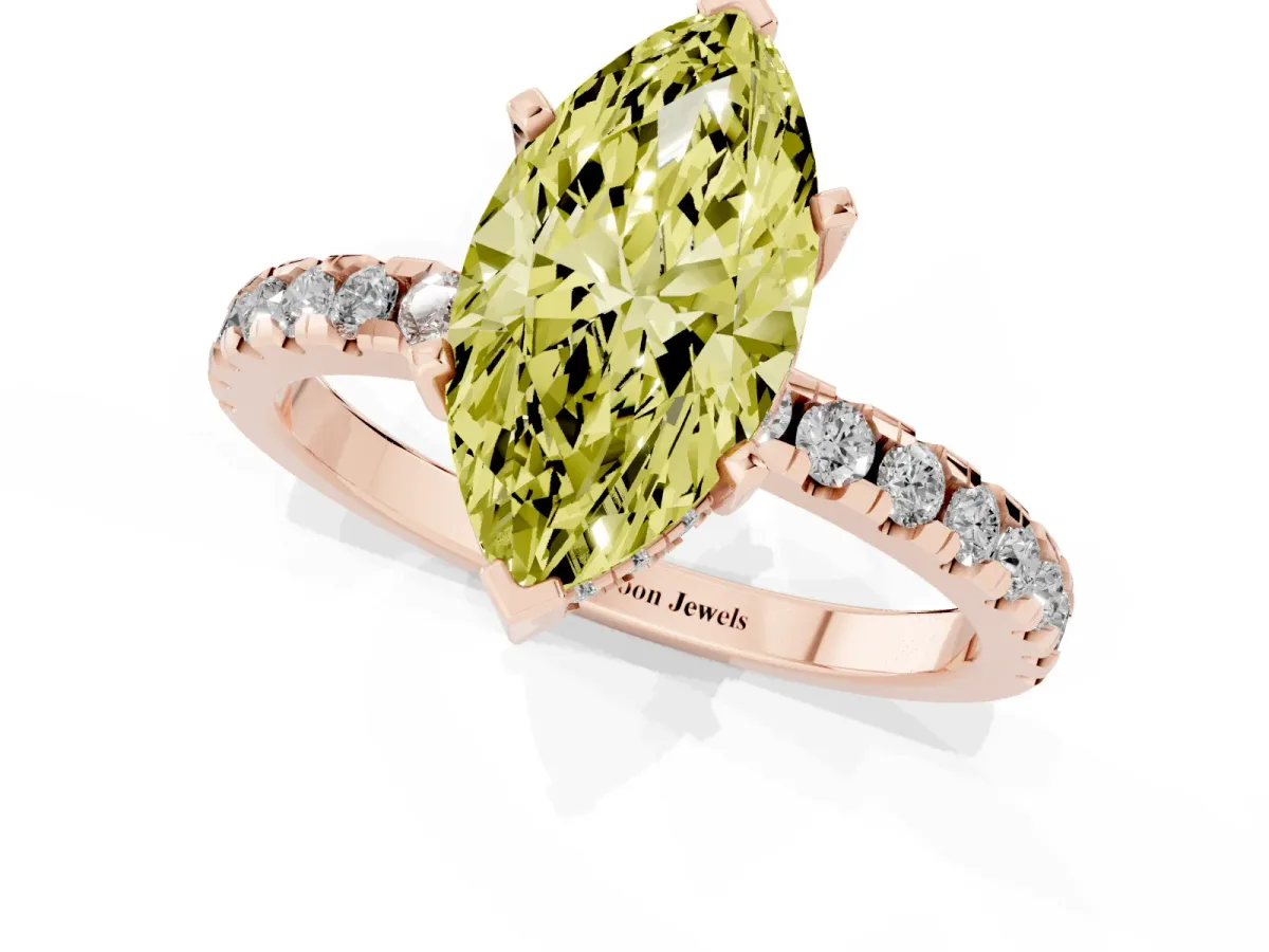 Fancy Yellow Marquise Cut Diamond Solitaire Ring with Round Pavé Band and Four-Prong Setting Rose gold