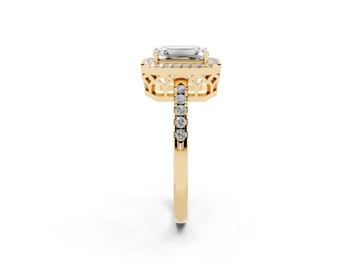 Emerald Cut Halo Diamond Engagement Ring with Pavé Band and Four-Prong Setting Yellow gold