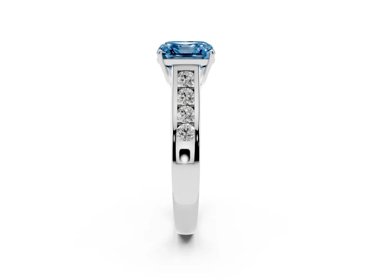 Fancy Blue Asscher Cut Solitaire Channel-Set Diamond Engagement Ring with Four-Prong Setting Platinum