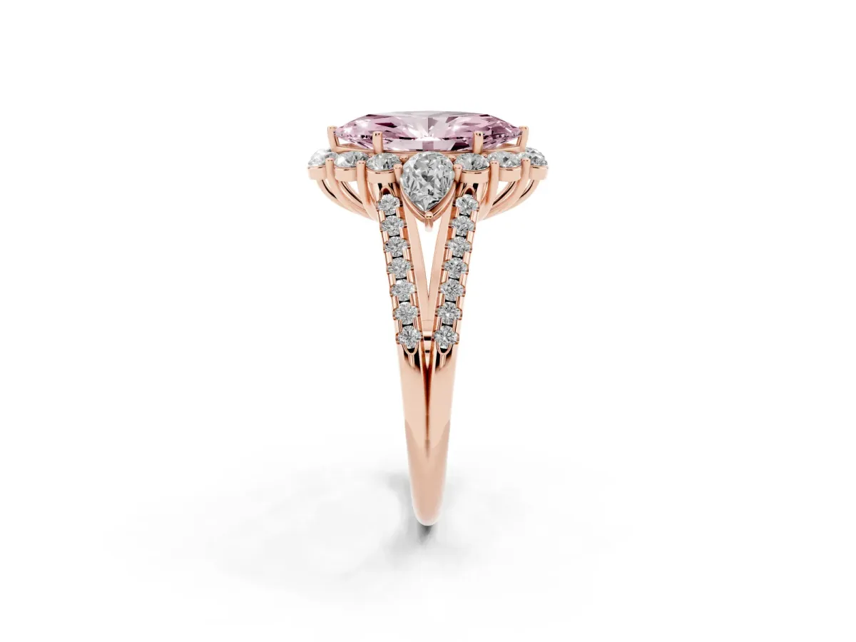 Fancy Pink Marquise Cut Halo Split Shank Diamond Engagement Ring with Prong Setting Rose gold