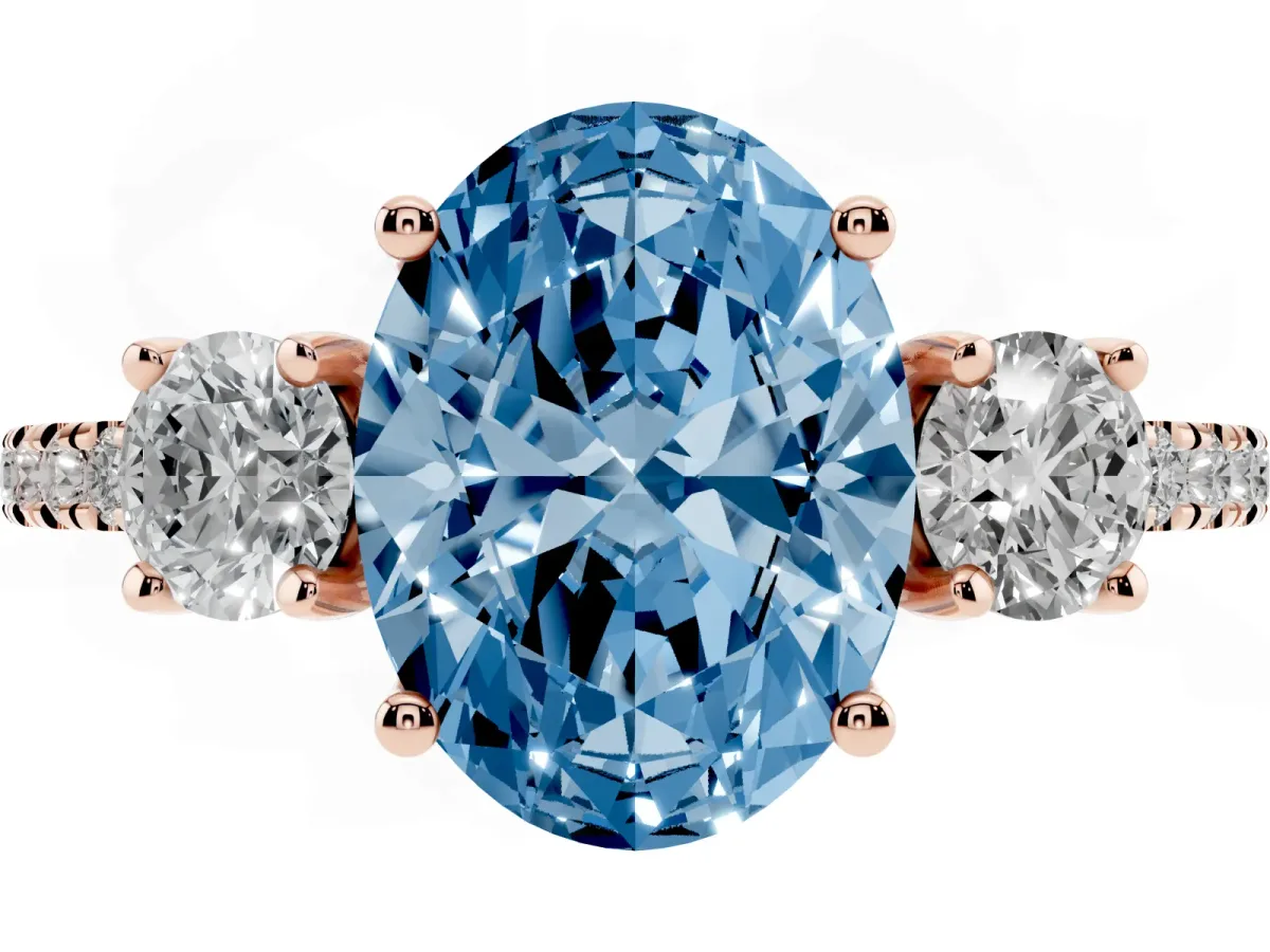 Fancy Blue Three-Stone Oval Cut Cut Diamond Pavé Band with Prong Setting Rose gold
