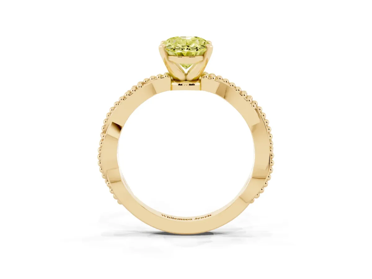Fancy Yellow Oval Cut Solitaire Twisted Band with Bead Prong Setting Yellow gold