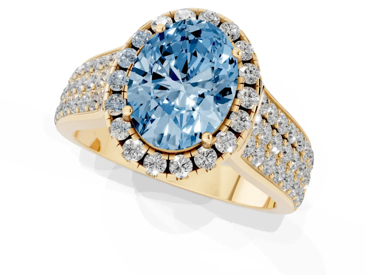 Fancy Blue Oval Cut Halo Round Diamond Pave Band with Prong Setting Yellow gold