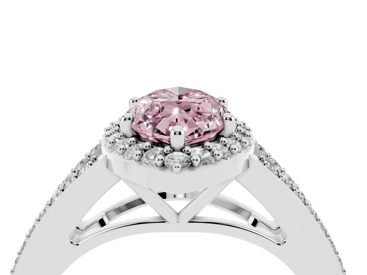Fancy Pink Marquise Cut Halo Split Shank Diamond Ring with Prong Setting Platinum